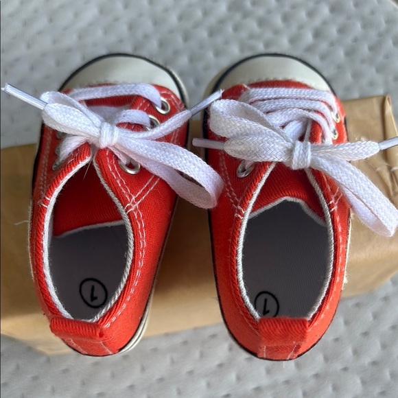 Vibrant Orange and White Low-Top Sneakers with Canvas Upper - Picture 3 of 7